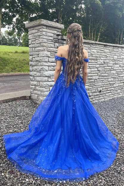 Royal Blue Glitter Tulle Off-the-Shoulder A-Line Prom Gown