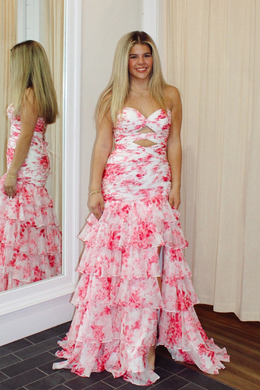 Red Sweetheart Floral Print Cut-Out Mermaid Prom Gown