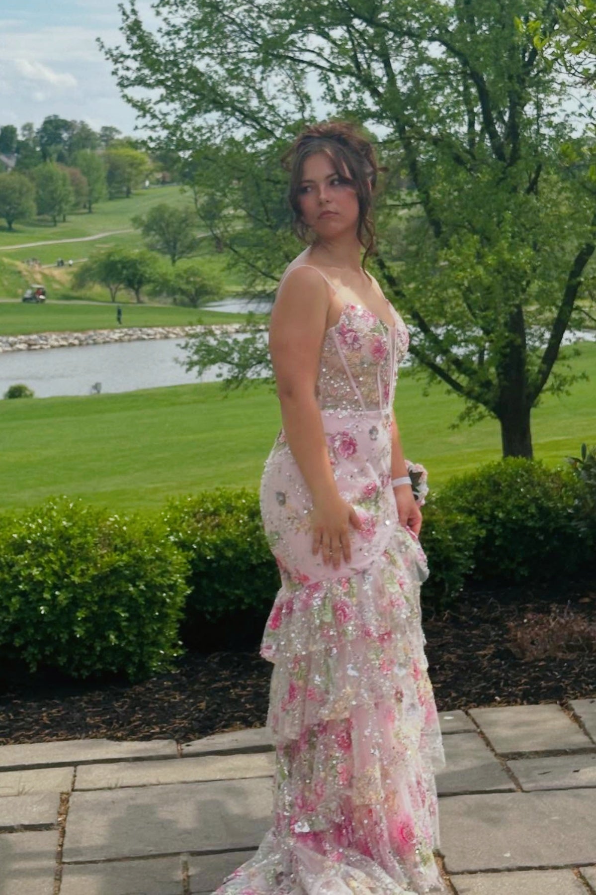 Pink Beaded Floral Mermaid Ruffle Long Prom Dress