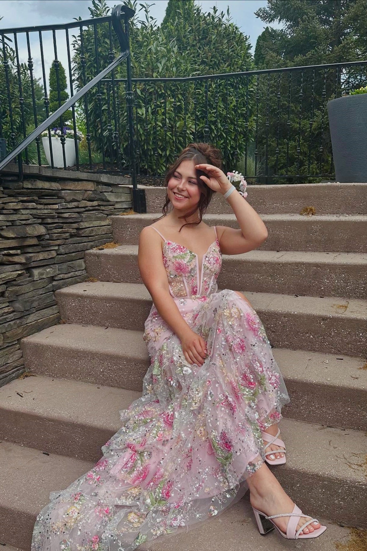 Pink Beaded Floral Mermaid Ruffle Long Prom Dress