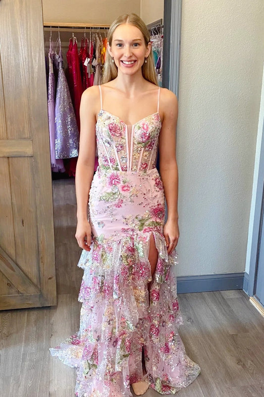 Pink Beaded Floral Mermaid Ruffle Long Prom Dress