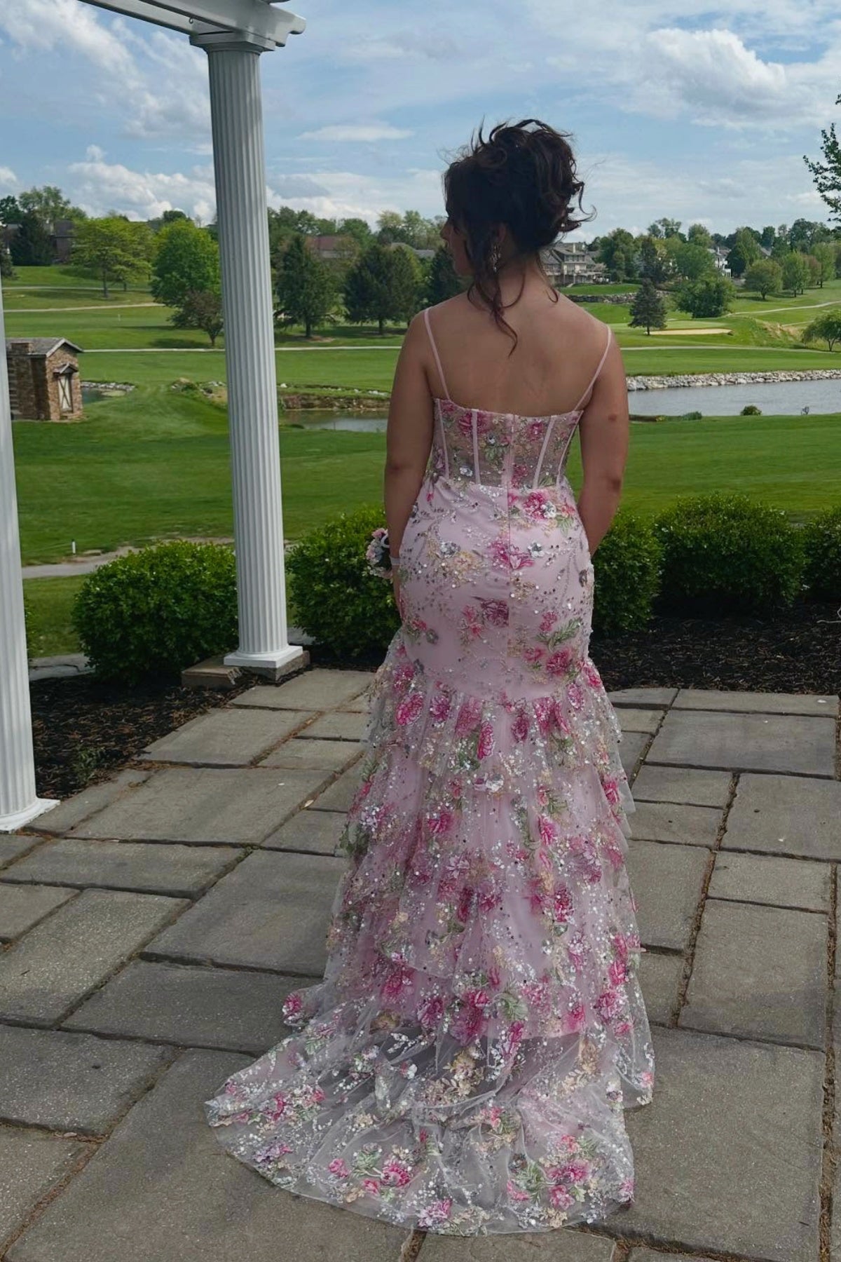 Pink Beaded Floral Mermaid Ruffle Long Prom Dress