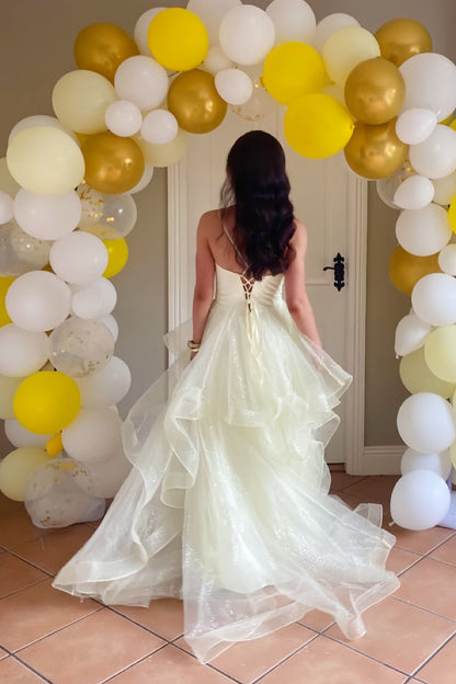 Light Yellow A-Line V-Neck Long Prom Dress with Tiered Ruffles