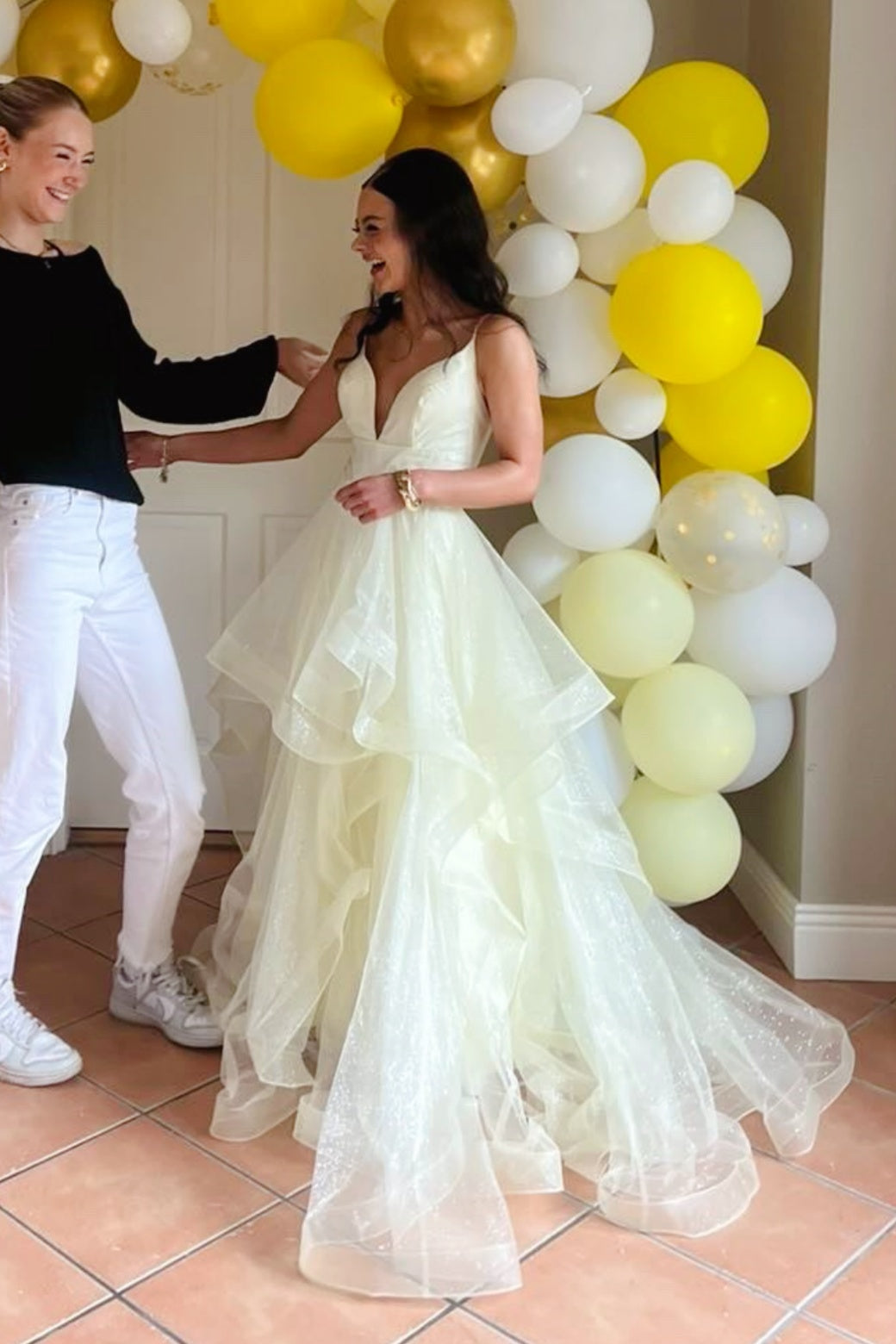 Light Yellow A-Line V-Neck Long Prom Dress with Tiered Ruffles