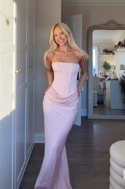Pink Strapless Ruched Boning Long Prom Dress