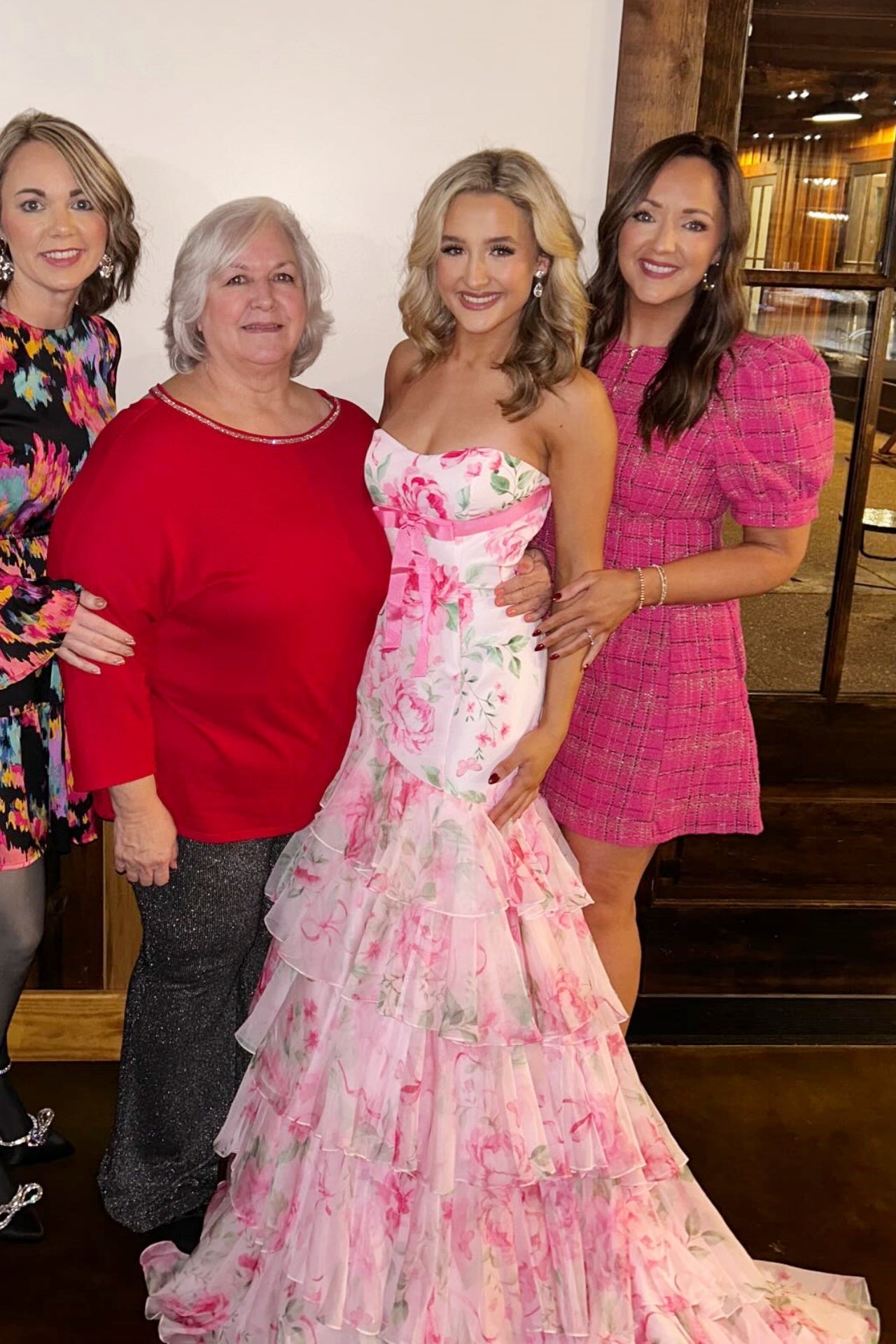Pink Floral Bow Ruffled Mermaid Prom Gown