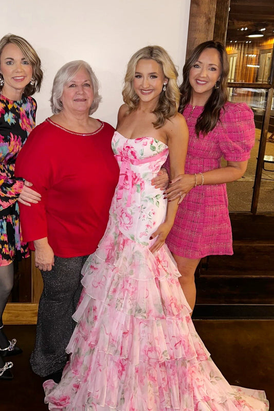 Pink Floral Bow Ruffled Mermaid Prom Gown