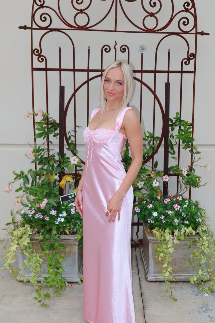 Pink Satin A-Line Lace Bust Long Prom Dress