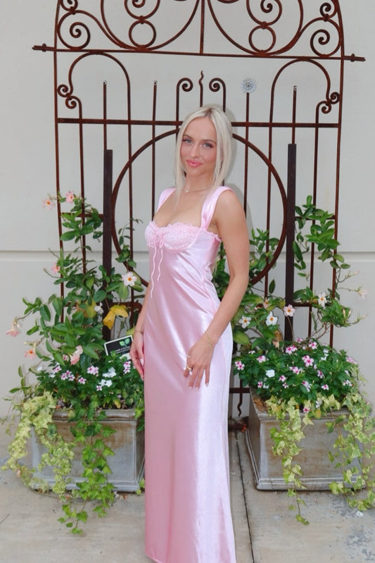 Pink Satin A-Line Lace Bust Long Prom Dress