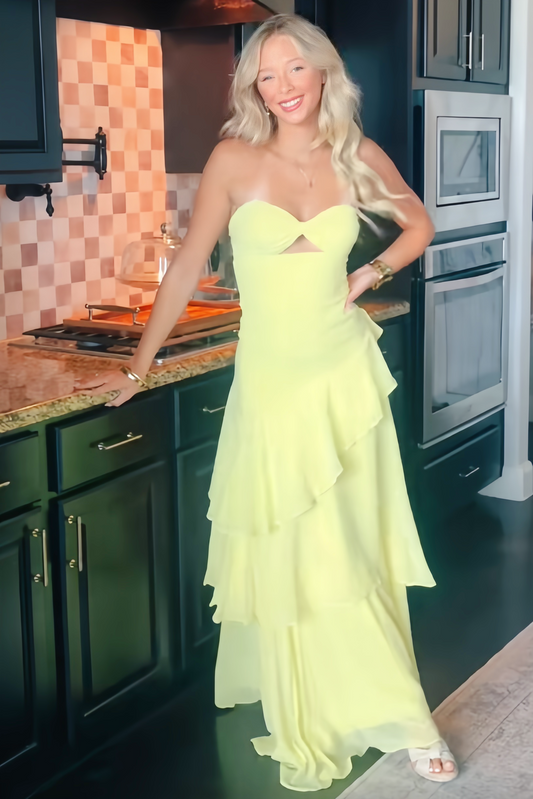 Blue Strapless Cut-Out Ruffle A-Line Prom Dress