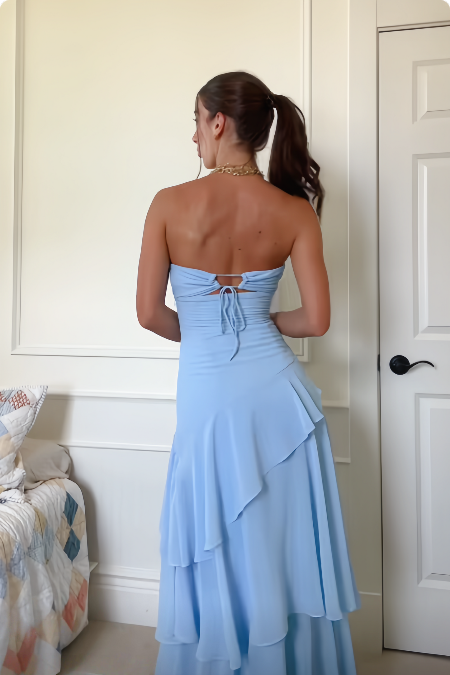 Blue Strapless Cut-Out Ruffle A-Line Prom Dress