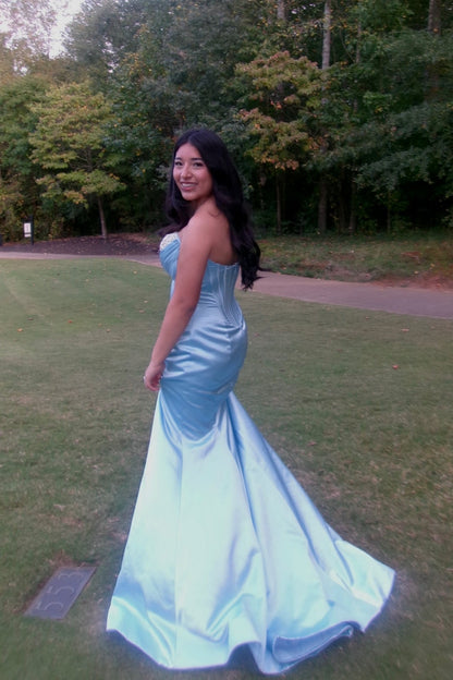 Light Sky Blue Sweetheart Rhinestone Mermaid Prom Dress