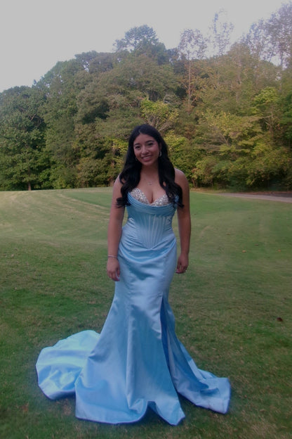 Light Sky Blue Sweetheart Rhinestone Mermaid Prom Dress