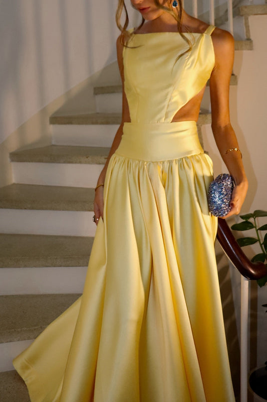 Square Neckline Yellow Satin A-line Long Prom Dress