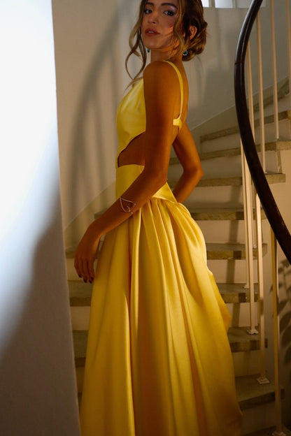 Square Neckline Yellow Satin A-line Long Prom Dress