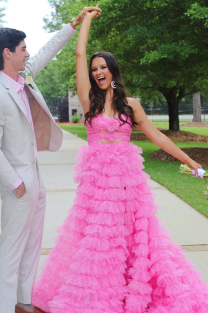 Hot Pink Sweetheart Tulle Tiered Ruffles Prom Dress