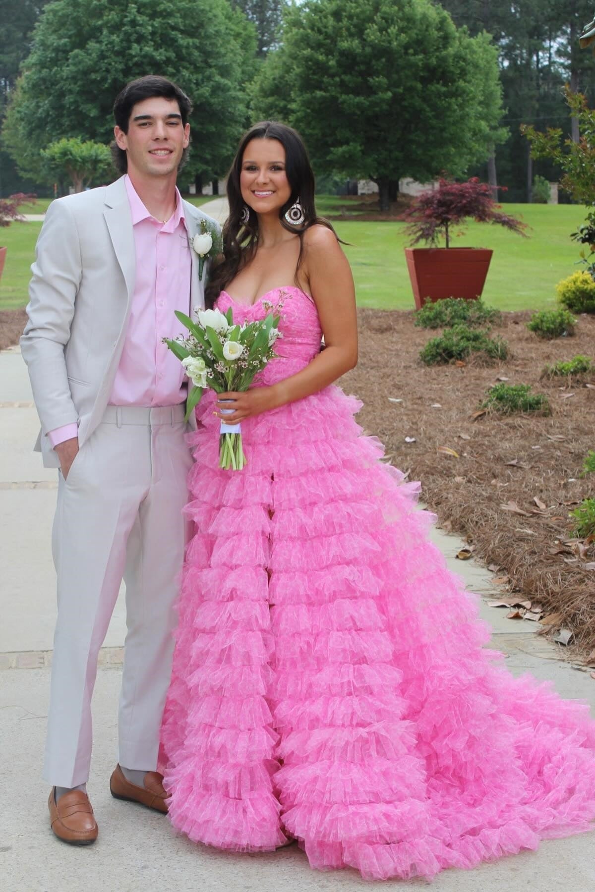 Hot Pink Sweetheart Tulle Tiered Ruffles Prom Dress