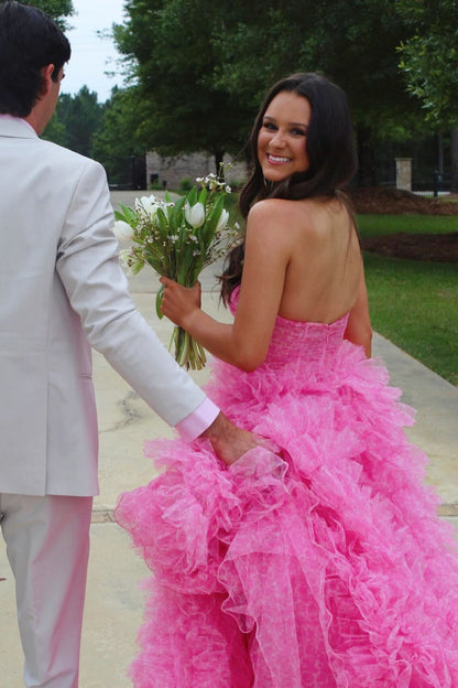 Hot Pink Sweetheart Tulle Tiered Ruffles Prom Dress