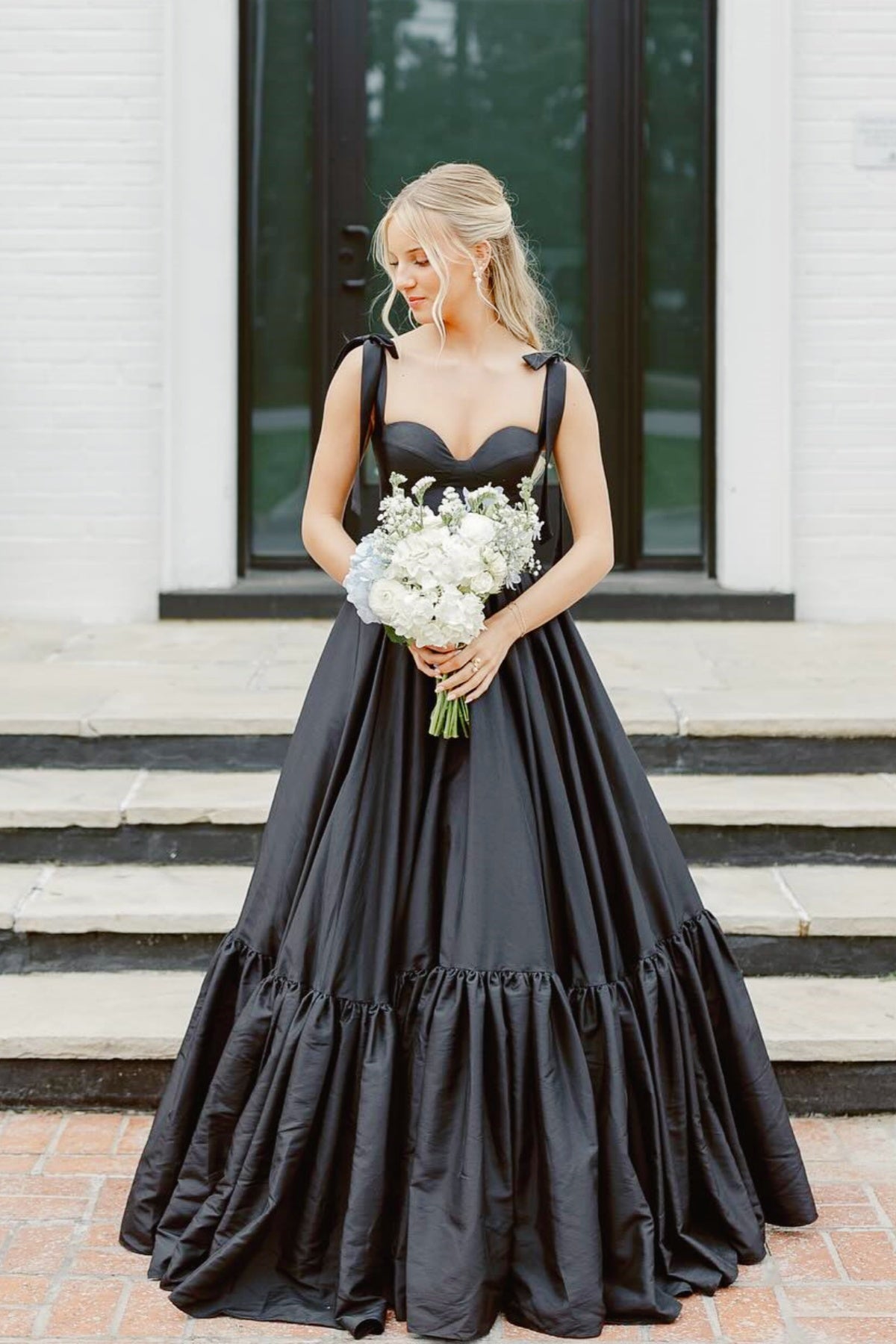 Black Bow-Strap A-line Prom Dress