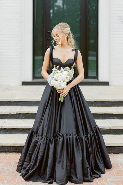 Black Bow-Strap A-line Prom Dress