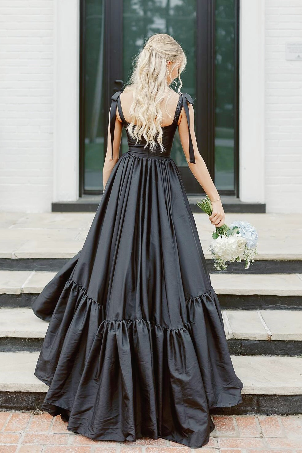 Black Bow-Strap A-line Prom Dress