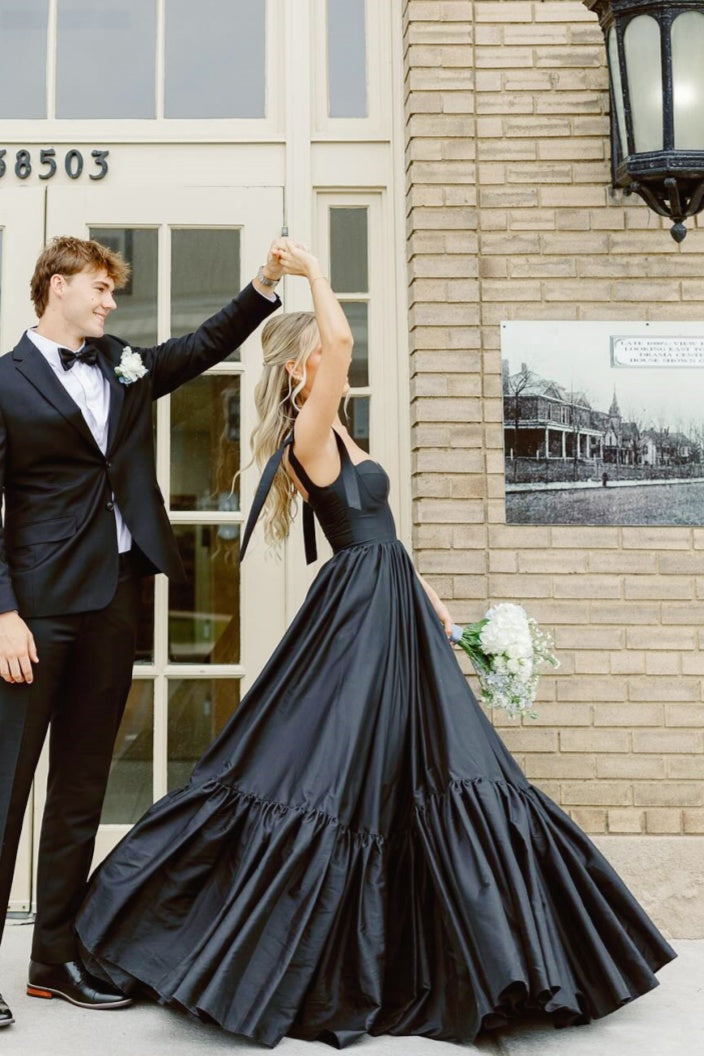 Black Bow-Strap A-line Prom Dress