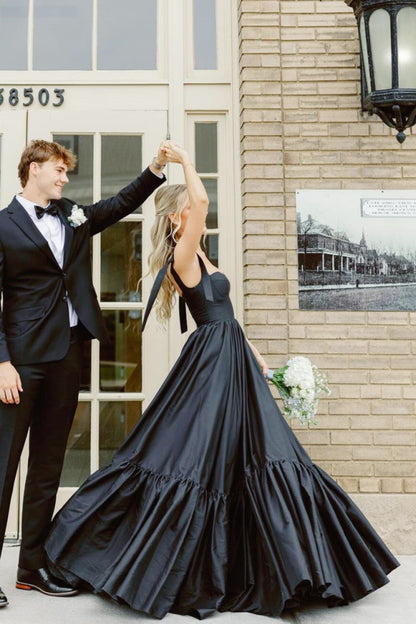 Black Bow-Strap A-line Prom Dress