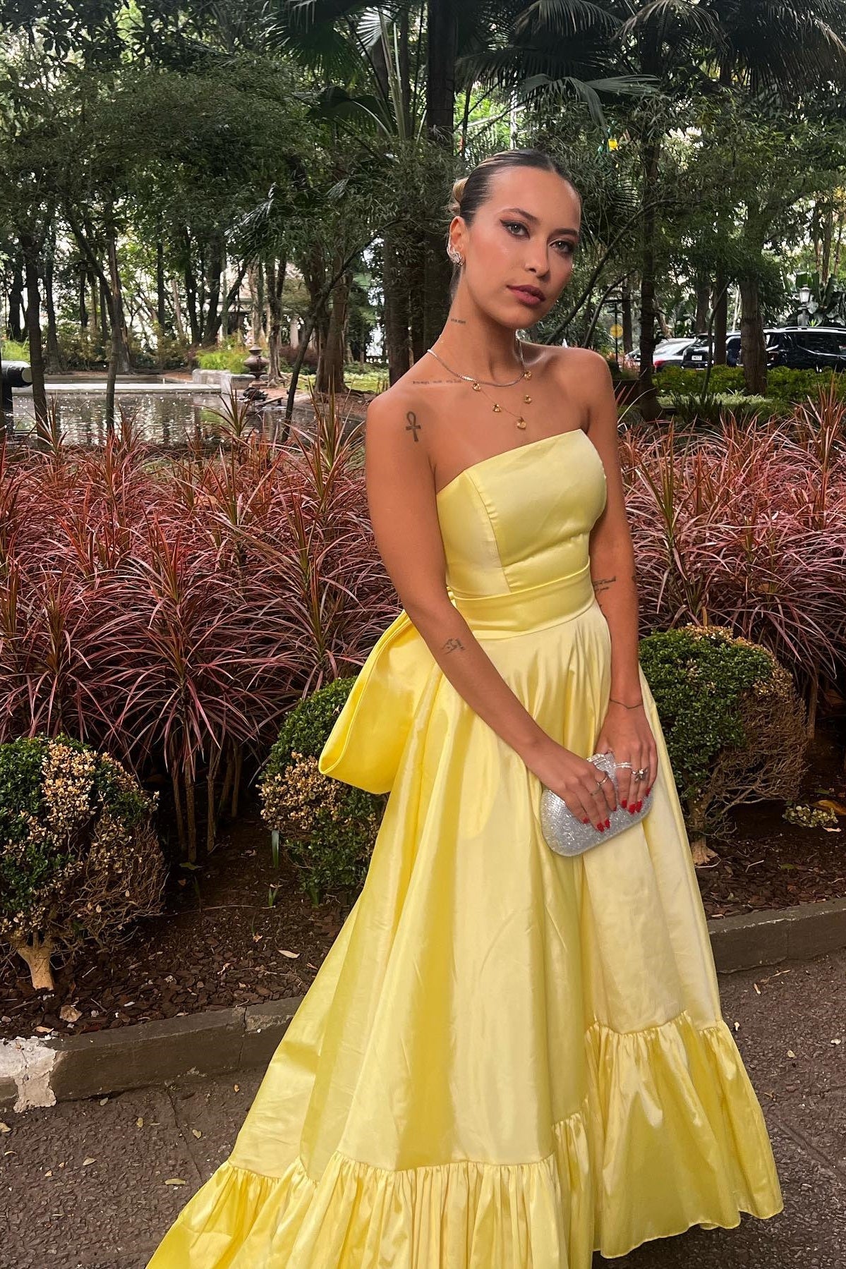 Yellow Strapless Back Bow A-line Ball Gown Prom Dress