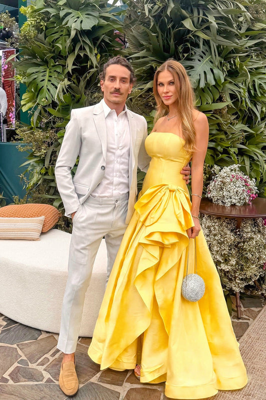 Yellow Strapless A-Line Ruffles and Bow Prom Dress