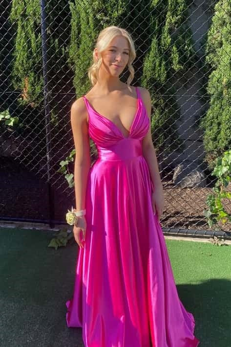 Hot Pink Plunge A-line Satin Formal Prom Dress