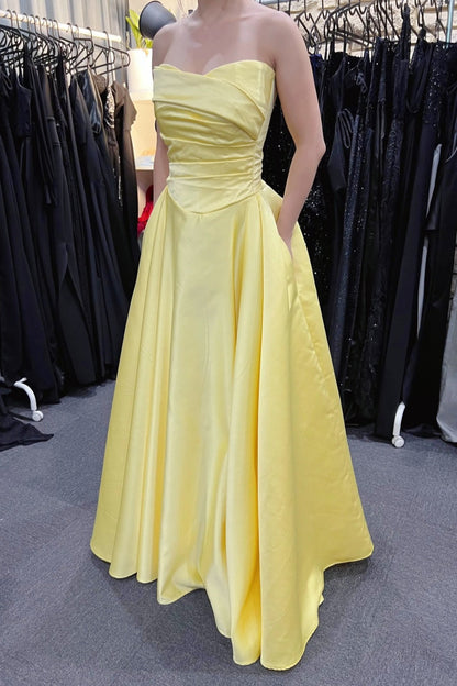 Yellow Strapless Satin A-line Long Formal Gown