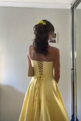 Yellow Strapless Satin A-line Long Formal Gown