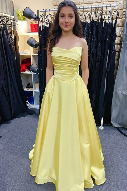 Yellow Strapless Satin A-line Long Formal Gown