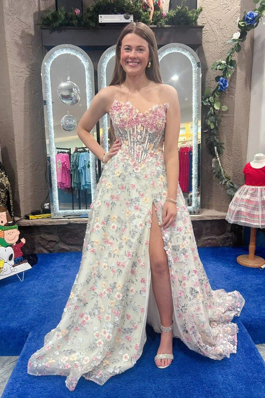 Pink Sweetheart A-line Floral Slit Prom Dress