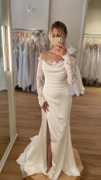 Lace Off the Shoulder Long Sleeve Mermaid Side Slit Wedding Dress
