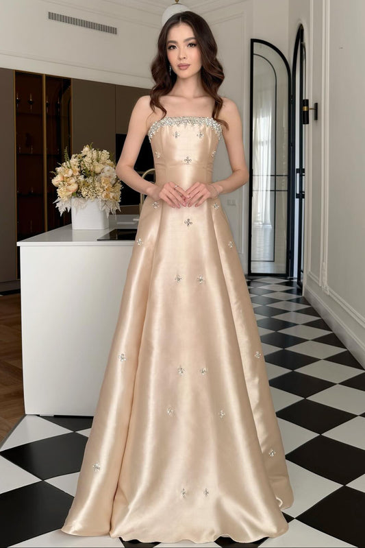 Strapless Beaded Sparkle Sleeveless A-Line Floor-Length Evening Dress