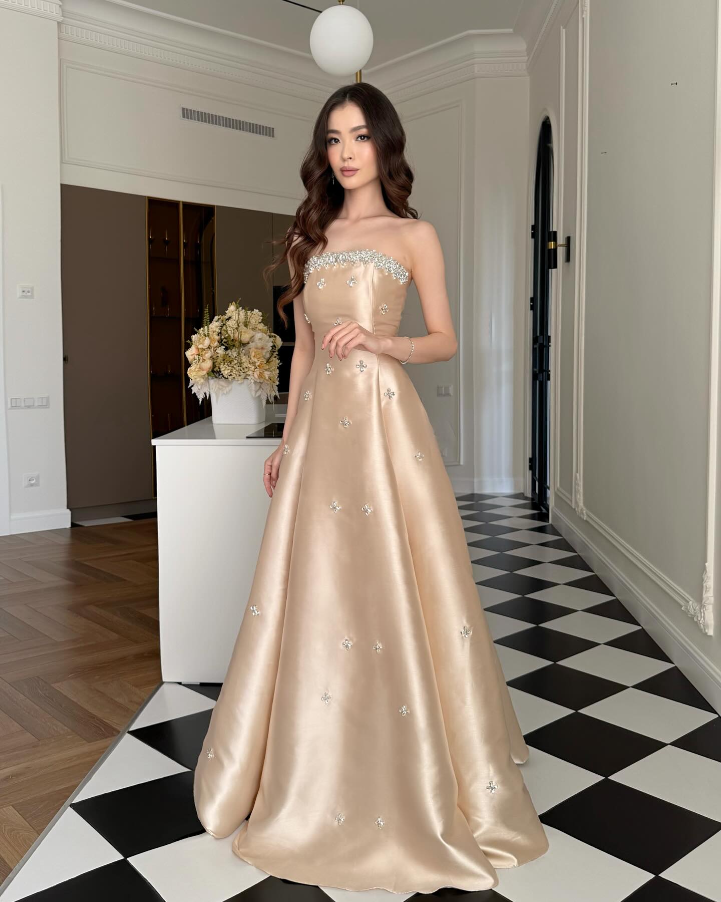 Strapless Beaded Sparkle Sleeveless A-Line Floor-Length Evening Dress