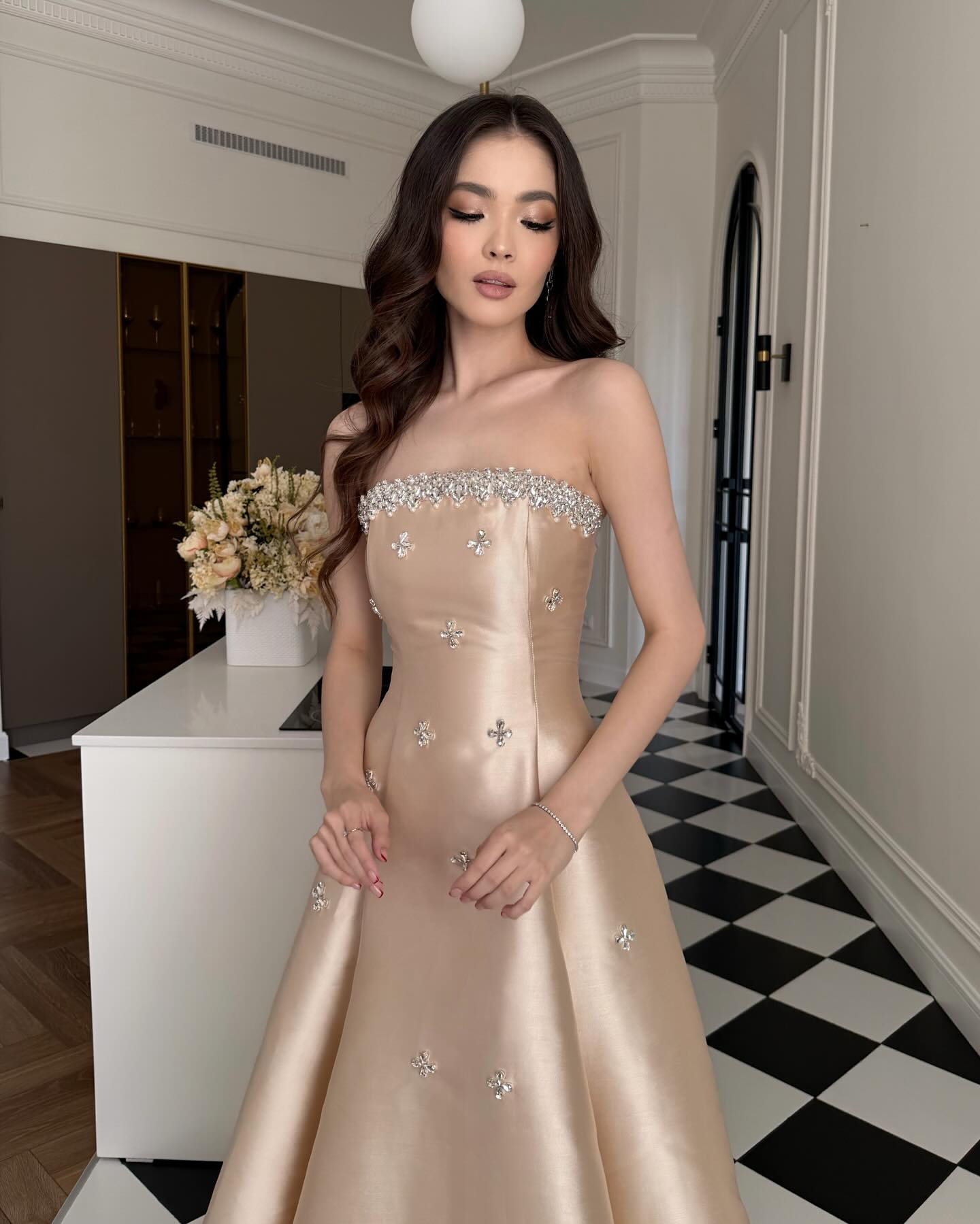 Strapless Beaded Sparkle Sleeveless A-Line Floor-Length Evening Dress
