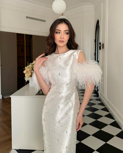 Beaded Sleeveless Feather Mermaid Floor-Length Evening Dress
