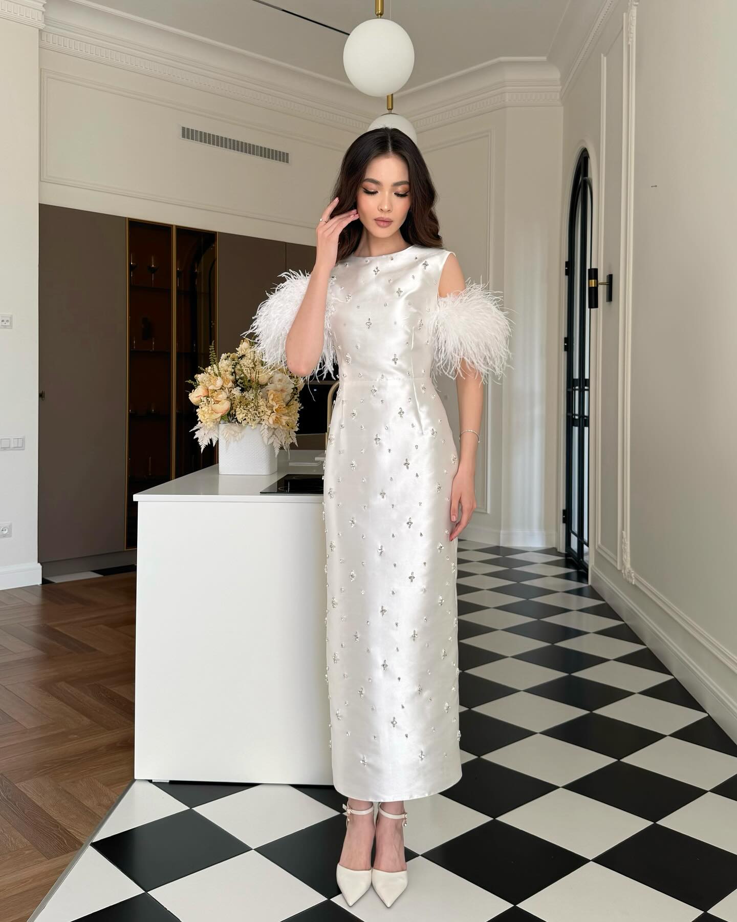 Beaded Sleeveless Feather Mermaid Floor-Length Evening Dress