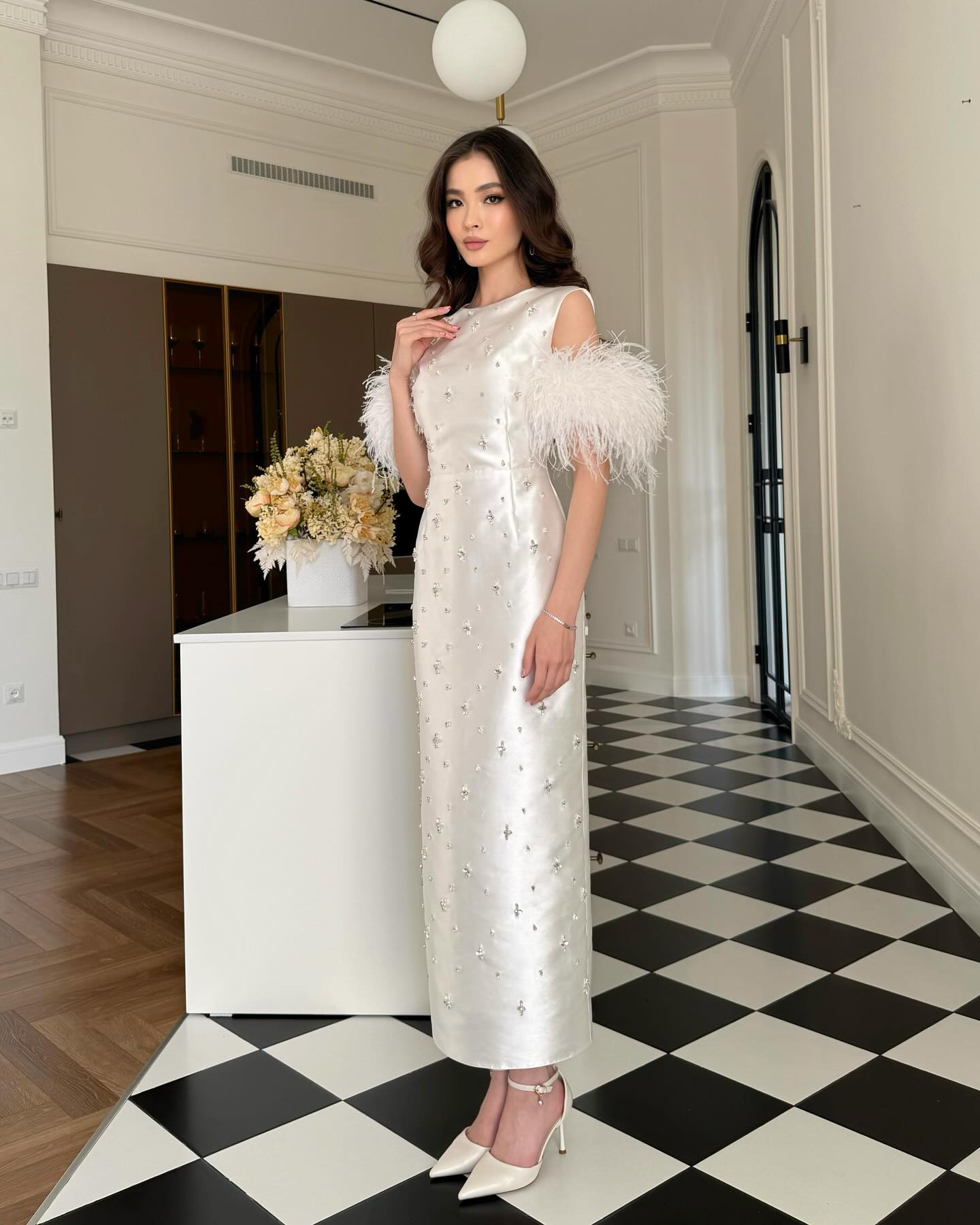 Beaded Sleeveless Feather Mermaid Floor-Length Evening Dress