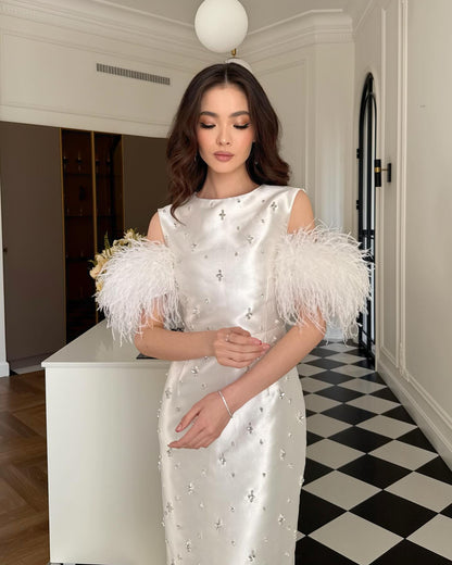 Beaded Sleeveless Feather Mermaid Floor-Length Evening Dress