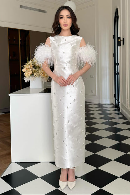 Beaded Sleeveless Feather Mermaid Floor-Length Evening Dress