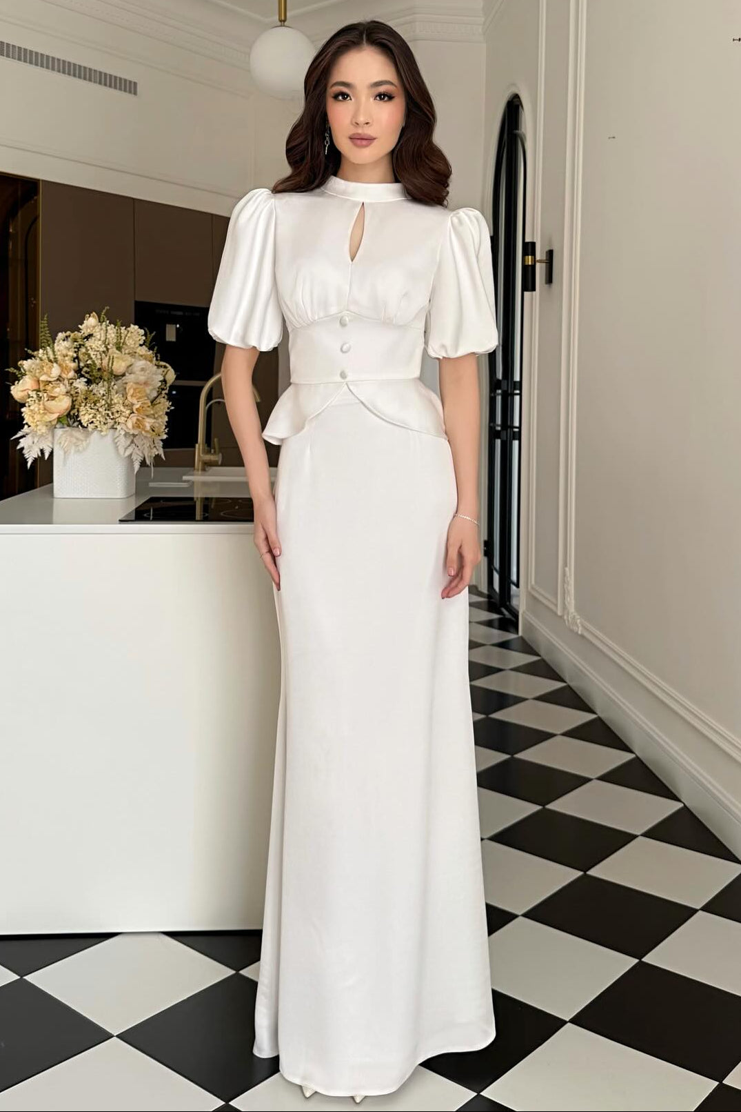High Neck Half Sleeve Mermaid Floor-Length Evening Dress