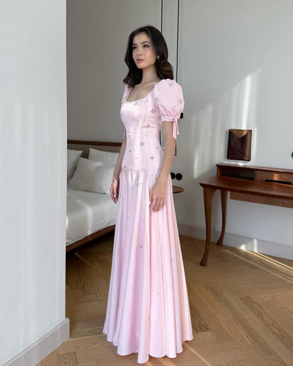 Pink Square Neck Bow Beaded Sparkle Mermaid Evening Dress