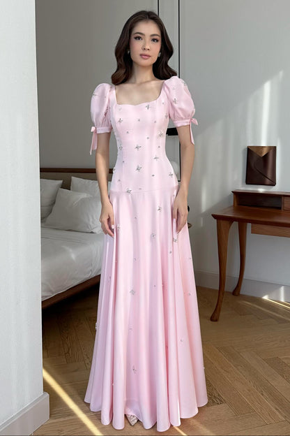 Pink Square Neck Bow Beaded Sparkle Mermaid Evening Dress