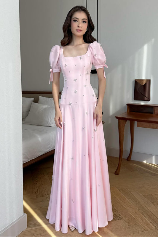 Pink Square Neck Bow Beaded Sparkle Mermaid Evening Dress