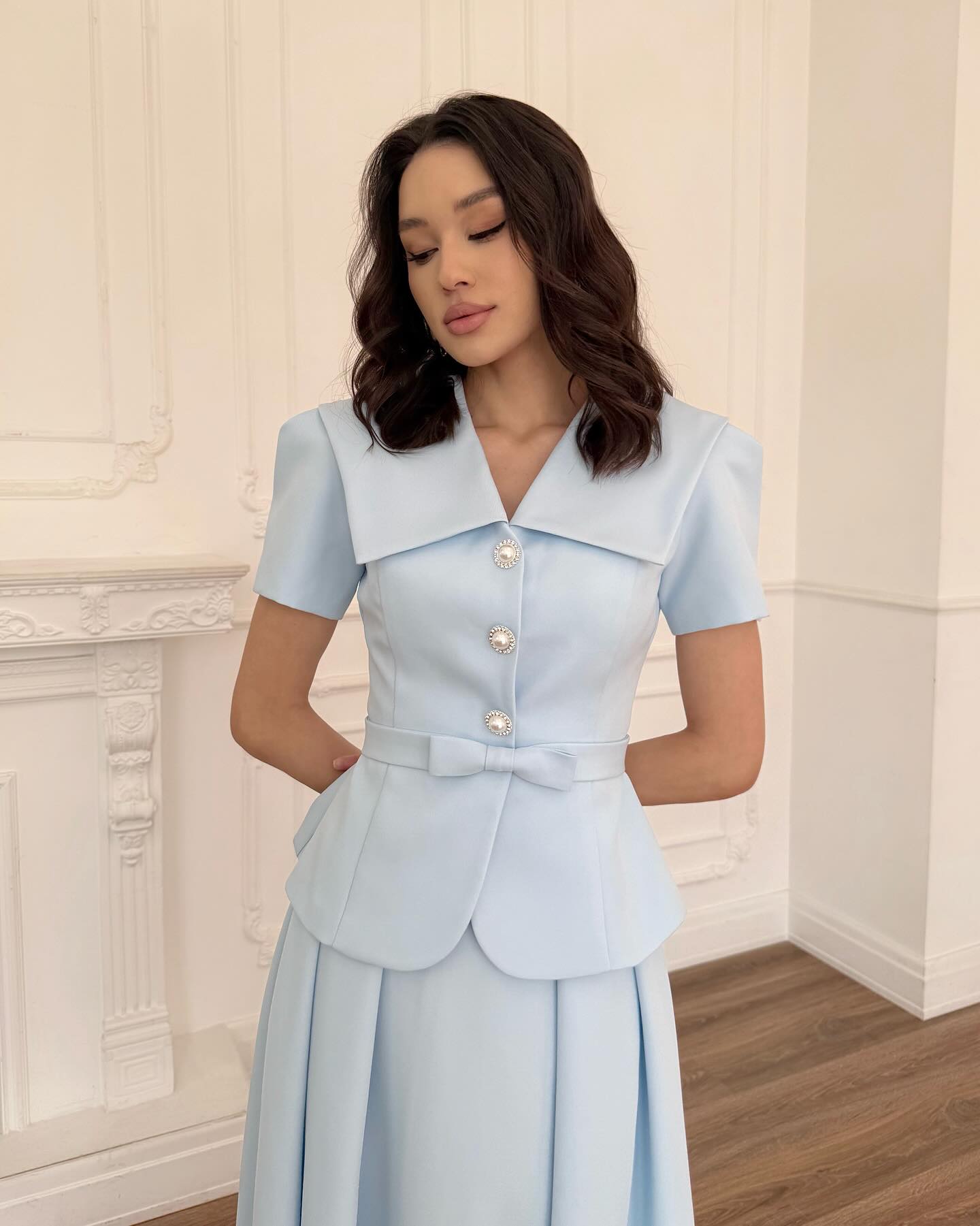 V-Neck Half Sleeve Button Bow A-Line Ankle-Length Evening Dress