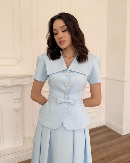V-Neck Half Sleeve Button Bow A-Line Ankle-Length Evening Dress