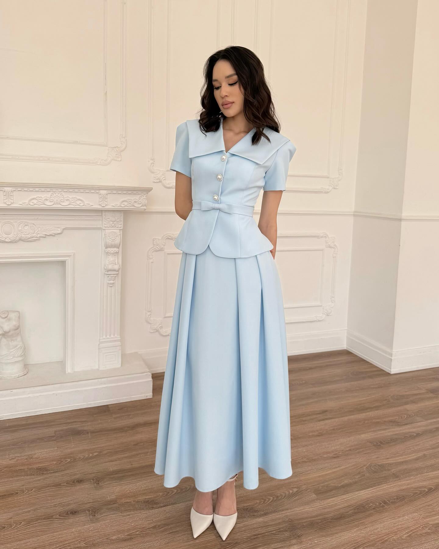 V-Neck Half Sleeve Button Bow A-Line Ankle-Length Evening Dress